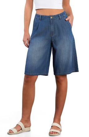 HINT OF BLU Chill Pleated Mid Rise Denim Bermuda Shorts in Ace Blue at Nordstrom, Size Medium