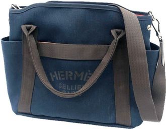 Herm&egrave;s Brown Navy Canvas Shoulder Bag Tote Bag (Pre-Owned)