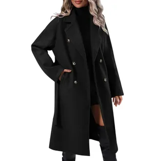 Generic Winter Jacket Women Long Warm Trench Coat Winter Coat Double Breasted Winter Coat Trench Jacket Wool Coat Peacoat with Belt (Black, L)