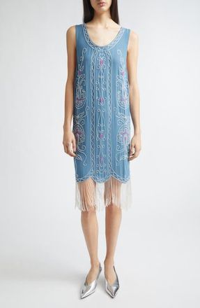 Bode Sea Flower Beaded Fringe Silk Dress in Blue Multi at Nordstrom, Size Medium