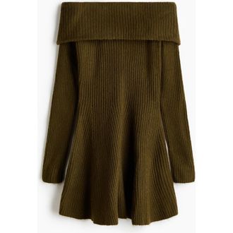 H&M Rib-knit Off-the-shoulder Dress in Dark Khaki Green at Nordstrom, Size Xx-Small
