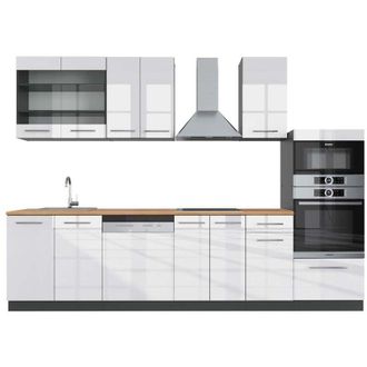 Vicco Cucina componibile Fame-Line, Bianco lucido/antracite, 300 cm con armadio alto, pl Rovere