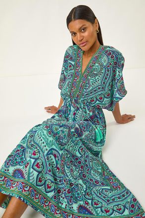 Roman Paisley Print V-Neck Midi Dress