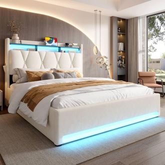 Matteo King Size Velvet Bed Frame - LED, USB, Storage - Beige
