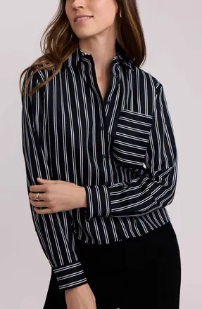 Foxcroft Jodie Stripe Cotton Button-Up Shirt in Black/white at Nordstrom, Size X-Small