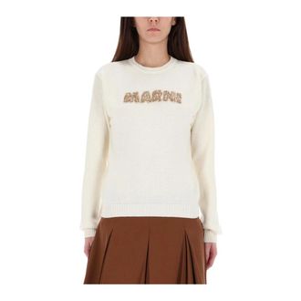 Marni Round-neck Knitwear, female, Beige, Size: XS Embroidered Logo Crewneck Sweater