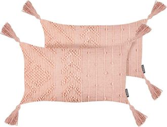 Beliani Beliani - Conjunto De 2 Cojines Rectangulares Con Borlas 30 X 50 Cm Rosa Melocot&oacute;n Valvaria
