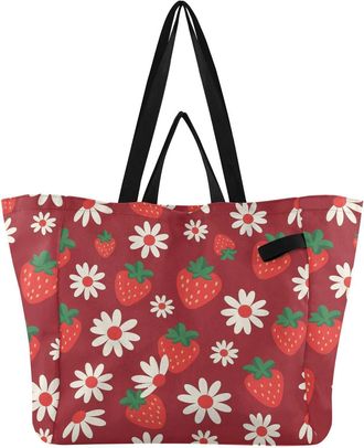 Generic Strawberries Flowers Red pattern Reusable Canvas Tote Bag, Heavy Duty Grocery Shopping Bag with Double Handles Hard Bottom Large Capacity Work Groceri