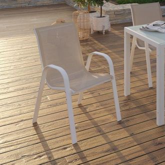 IDMarket Idmarket - Lote De 6 Sillas De Jard&iacute;n Apilables Lyma De Metal Y Textileno, Blanco Y Beige