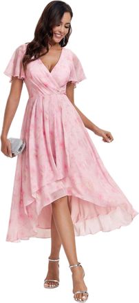 Ever-pretty Womens Chiffon V-Neck Short Wedding Guest Dress with Ruffled Sleeves Light Purple Roses 12UK