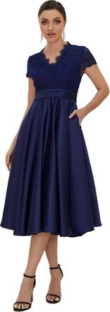 Ever-pretty Womens Elegant Lace A Line Empire Waist Midi Length Evening Gowns Dresses Navy Blue 20UK