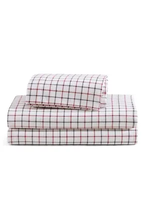 Tommy Hilfiger Tompkins Windowpane Cotton Flannel Sheet Set in White/medium Red/navy Blue at Nordstrom, Size Queen