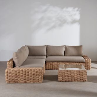 Maisons du monde Sal&oacute;n de jard&iacute;n de 5 plazas de resina trenzada imitaci&oacute;n rat&aacute;n y cojines topo