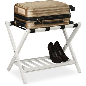 Relaxdays Relaxdays Soporte Para Maletas Plegable, Reposa Maletas Madera, Porta Equipajes, 2 Baldas, 54,5x66x44 Cm, Color Blanco