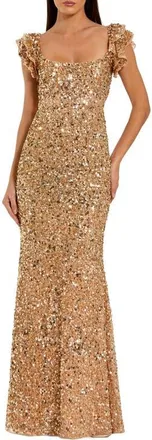 Mac Duggal Sequin Mesh Ruffle Sleeve Trumpet Evening Gown in Gold Nude at Nordstrom, Size 10