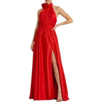 Mac Duggal Womens Soft Tie Halter Neck High Slit Gown in Cherry at Nordstrom, Size 12