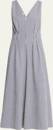 Brunello Cucinelli V-Neck Seersucker Cotton Sleeveless Midi Dress