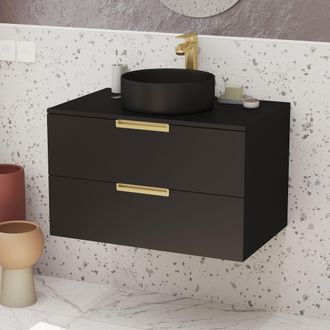Aurlane Aurlane - Mueble De Ba&ntilde;o 80 Cm Negro Mate Y Oro Dorado - Lavabo Redondo Negro