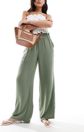 Jacqueline de Yong paperbag waist wide leg linen look pants in khaki-Green