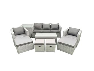 Fimous Outdoor Rattan Garden Furniture Set with Grey Cushions Luxury 9 Seater with 2 Chairs & Coffee Table For Conservatory, Patio in Light Grey