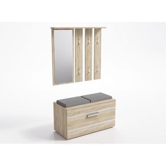 Hucoco Hucoco - Kathi - Mueble De Entrada Con Espejo + Banco - 35x85x180 Cm - Banco Zapatero - 6 Ganchos - Guardarropa