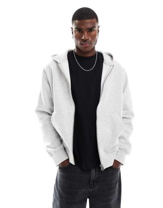 Jack & Jones Felpa grigio chiaro oversize pesante 400 gsm con cappuccio e zip