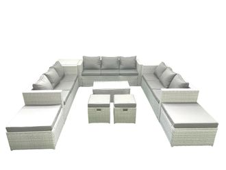 Fimous 9 Pieces Rattan Garden Furniture Set Outdoor Garden Sofa Coffee Table Set with Side Table 4 Footstools Light Grey Mixed