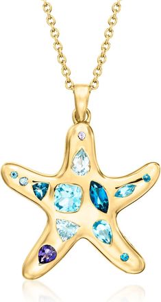 Ross-Simons Multi-Gemstone Starfish Pendant Necklace in 18kt Gold Over Sterling