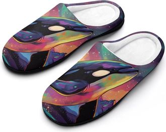 Generic Fantasy Killer Whale Artistic Aurora Mens Slippers Slip On Comfortable Fleece Cotton House Shoes Winter