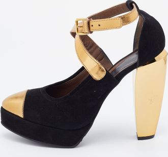 Marni Black/gold Suede And Leather Platforms Ankle Strap Pumps