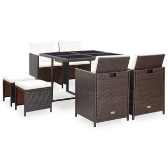 vidaXL Vidaxl - Set Comedor De Jard&iacute;n 9 Piezas Y Cojines Rat&aacute;n Sint&eacute;tico Marr&oacute;n