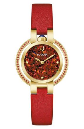 Bulova Rubaiyat Synthetic Fire Opal Leather Strap Watch, 30.5mm in Red at Nordstrom