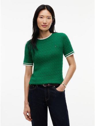 Tommy Hilfiger Womens Short-Sleeve Cable Knit Tipped Sweater - Nouveau Green - XXL
