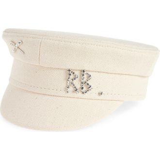 Ruslan Baginskiy Crystal Embellished Canvas Newsboy Cap in Beige at Nordstrom, Size Small
