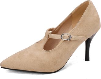 Generic Womens Sexy High Heeled Dress Shoes Pointed Toe Faux Suede Formal Shoes T-Strap Party Prom Pumps with Buckle,Apricot Suede,8.5 UK