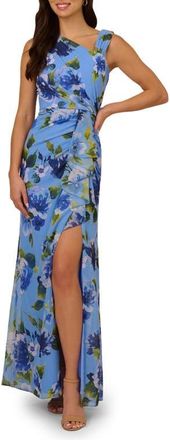 Adrianna Papell Printed Ruffle Chiffon Mermaid Gown in Blue Multi at Nordstrom, Size 18