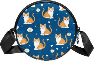 Generic Circle Crossbody Bag for Women, Cats Daisy Small Sling Bag Daypack with Zipper Adjustable Shoulder Straps Casual Ladies Girls Round Purse