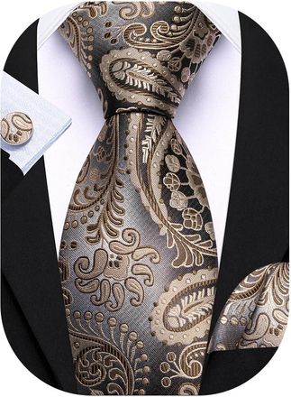 Barry.Wang Mens Tie Set Paisley Silk Pocket Square Cufflinks Necktie Woven Wedding Party Brown Blue