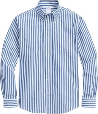 Brooks Brothers Gestreept Poplin Overhemd met Knoopsluiting - Heren - Casual Overhemden - Blauw - XL - Katoen - Overhemden