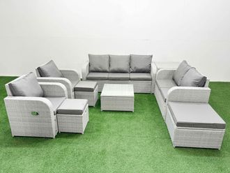 Fimous PE Rattan Garden Furniture Set Adjustable Chair Sofa Double Love Seat 2 Seater Sofa Lounge Set Square Coffee Table 3 Stools Side Table Light