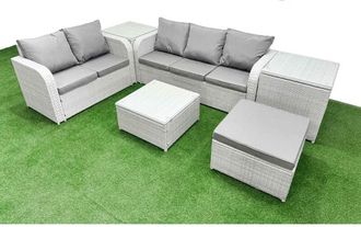 Fimous 6 Seater pe Rattan Wicker Garden Furniture Patio Conservatory Sofa Set with Square Coffee Table 3 Seater Sofa Love Sofa Big Footstool 2 Side Table