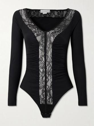 Stella McCartney Body In Jersey Riciclato Stretch Arricciato Con Finiture In Pizzo - Nero