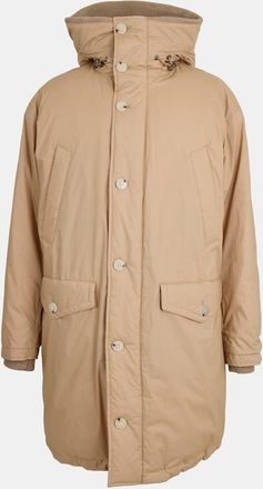 HUGO BOSS Mens Camin Solid Patterned Hooded Ribbed Cuff Waxed Jacket in Beige - Size 46 (Chest)