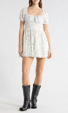 Abound Puff Sleeve Tie Front Minidress in White- Blue Pom Floral at Nordstrom Rack, Size X-Large