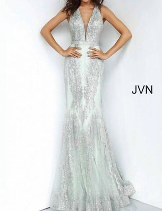 Jovani V-Neck Fit And Flare Dress In Mint