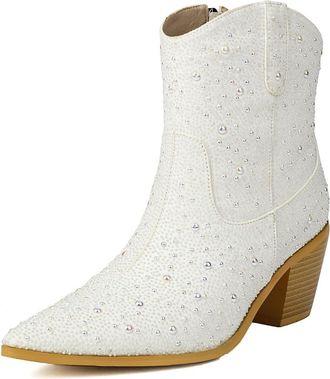 Generic Womens PU Leather Short Boots with Rhinestone Mid Chunky Heel Western Boots Pointed Toe Booties with Side Zipper,White,6.5 UK