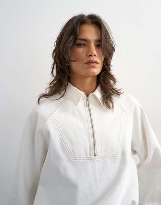 Topshop Giacca di jeans blu medio con colletto e zip corta-Bianco