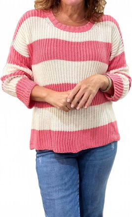 Wooden Ships Foster Striped Crew Cotton Sweater In Fierce Pink Breaker White