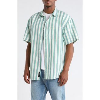 Vans Lawson Stripe Short Sleeve Cotton & Linen Button-Up Shirt in White-Vivid Verdant at Nordstrom, Size Xx-Large