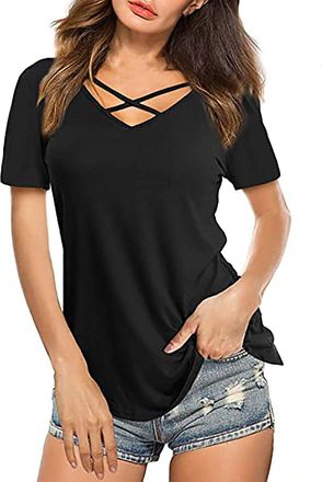 Generic Womens Front Criss Cross Tops Casual Loose Short Sleeve Solid Tees Shirts Summer Fashion Clothes(Black, S)